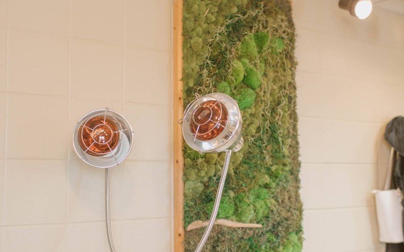 The spa shower with infrared warming lamps and a living moss wall panel